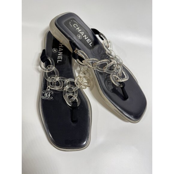 Chanel Size 39/ 8 Clear Jelly Sandals CC Chain Flip Flops - Picture 2 of 11
